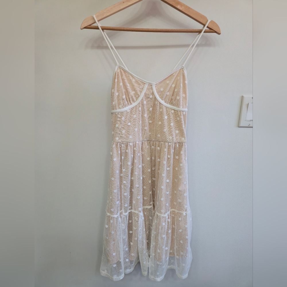 CAUTION TO THE WIND White Delicate Sheer Polka Dot Dress, Small